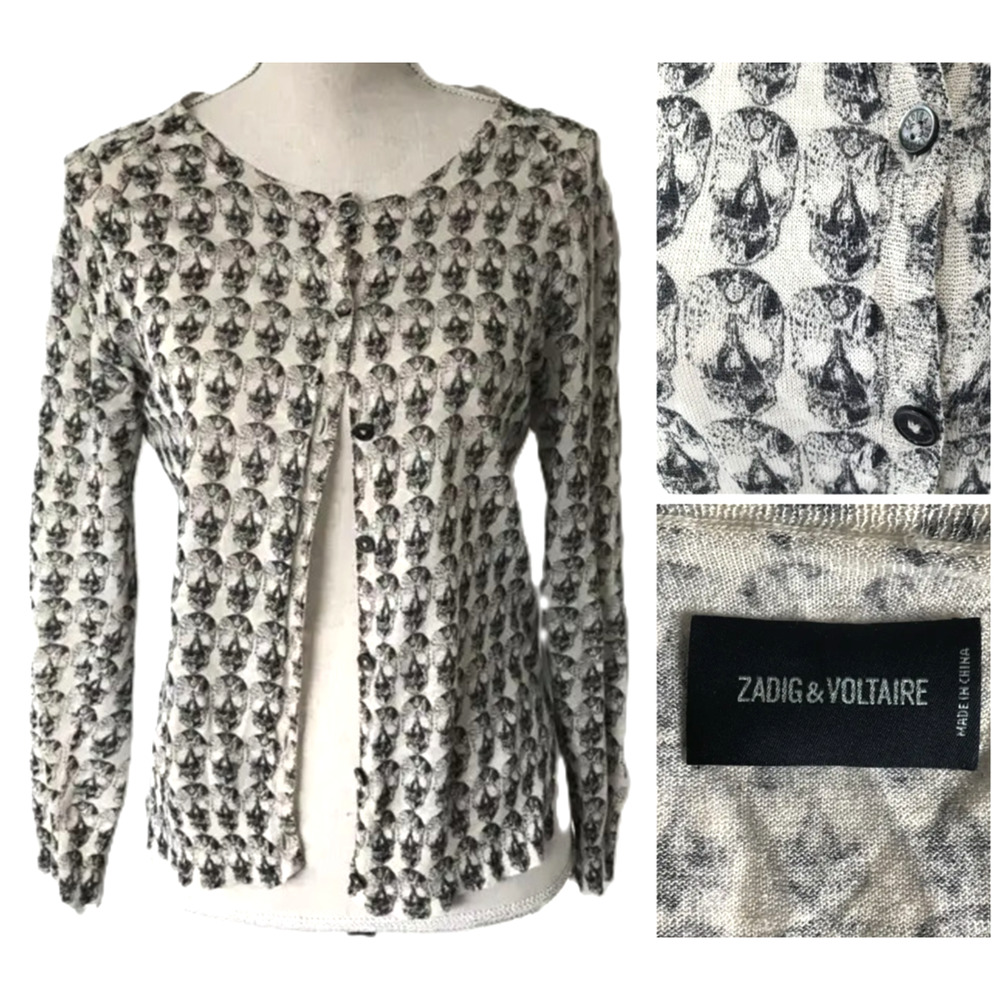 ZADIG & VOLTAIRE Cardigan Top M Linen Blend Skull Black Ivory Knit Long-Sleeve